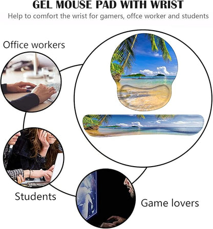 Keyboard Wrist Rest and Mouse Pad Wrist Support Set with Coasters, Non-Slip PU Base Ergonomic Gaming Mousepad for Home Office Working Studying Easy Typing & Pain Relief, Shore Palms Tropical Beach