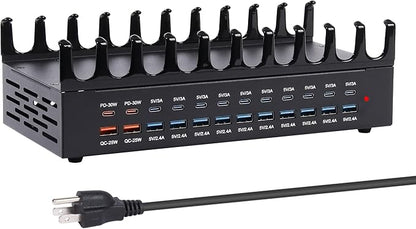 380W Charging Station for Multiple Devices - 24 Ports USB Fast Charging Station with 30W Power Delivery, Multi Charger Dock for Phone Tablet, Home, Office, School