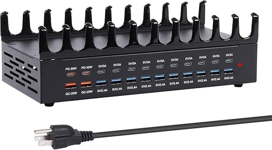 380W Charging Station for Multiple Devices - 24 Ports USB Fast Charging Station with 30W Power Delivery, Multi Charger Dock for Phone Tablet, Home, Office, School