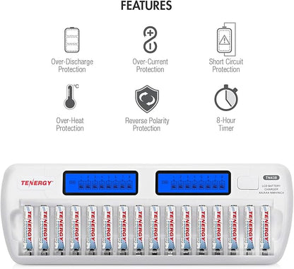 Tenergy TN438 16-Slot Smart Battery Charger for AA/AAA NiMH/NiCd LCD Display + 16 Premium AAA Rechargeable Batteries