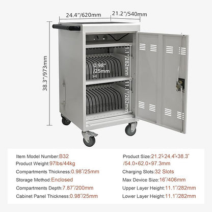 Aokleo Laptop Charging Cart,32 Devices Tablet Storage Carts for Pad Up to 16.3" Screen Size, Classroom Computer Mobile Charging Station for Pads,Chromebooks,Laptops,Security Storage (30+2 Bay-White)