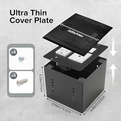 Vagueior Recessed Flat Hidden Floor Electrical Outlet Box Kit,Stainless Steel Cover with 2 * 20A+ 1 * 15A Receptacle Outlet,+2 * 5V/4.8A USB Port+1*RJ45 Port,UL Certified,Black