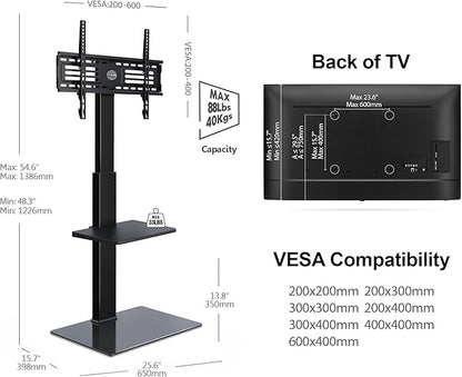 FITUEYES Swivel Floor TV Stand with Mount for TVs 37 43 50 55 60 65 70 75 Inch LCD LED Flat/Curved Screens Universal Swivel Televisions TV Mount Stand for Bedroom Living Room Black Tempered Glass Base