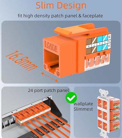 Rapink RJ45 Keystone Jack Cat6 10G Support, Cat6 Keystone Jacks UTP 10 Pack for Wall Plate and Patch Panel, Rj45 Keystone 90 Degree Orange Color for Cat 6, Cat5e, Cat5 Cabling