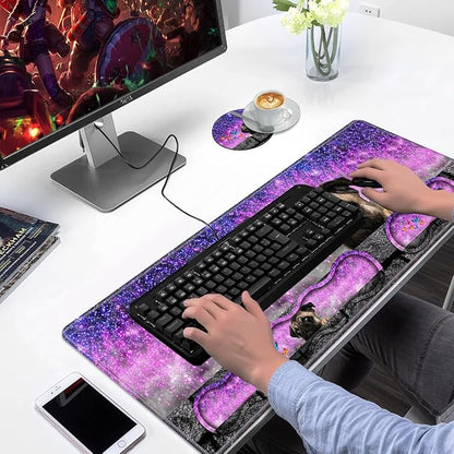Ergonomic Keyboard Wrist Rest & Mouse Pad Wrist Rest Set, Large XXL Gaming Desk Mat 31.5"x 11.8" with Non-Slip Base, Memory Foam, Easy Typing Pain Relief for Home & Office, Cute Pug and Butterfly