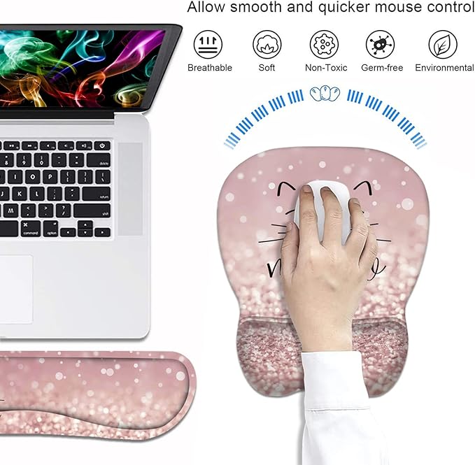 Ergonomic Mouse Pad Wrist Support and Keyboard Wrist Rest Set with Coasters, Non-Slip PU Base, Easy Typing & Pain Relief for Computer Laptop Home Office, Cute Cat Face Smile Meow