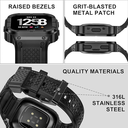 MioHHR Stainless Steel Case and Band Compatible with Fitbit Versa 4/3/2/Lite/Sense/Sense 2 Bands with Metal Case, Rugged Sports Protector Cover Silicone Wristbands for Men, Black