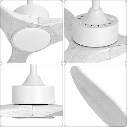 revoici 52 Inch White Ceiling Fan with Lights and Remote, Retro White Wood Low Profile Flush Mount Modern Ceiling Fan for Indoor Farmhouse Bedroom Living Room Outdoor Patio Porch, Reversible DC Motor