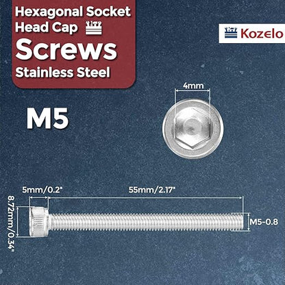 Kozelo 30pcs Socket Head Cap Screws - [M5-0.8 x 55mm] 304 Stainless Steel Allen Socket Drive for Electrical Motor 3D Printing Fan Engine Replacement Use, Silver
