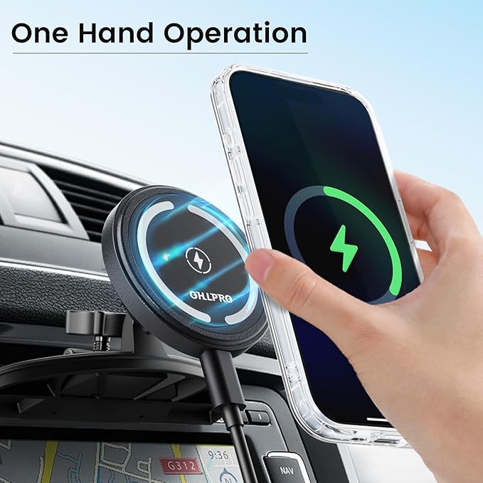 OHLPRO for 15W MagSafe Car Mount Charger for iPhone 16, Fast Wireless Charging, Magnetic CD Slot Holder with 3M Adhesive Base for Dashboard, Aluminum Shell, Compatible with iPhone 16/15/14/13 Pro Max