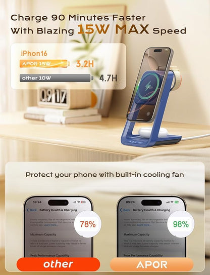 Apor 3 in 1 Charging Station for iPhone, Magsafe Wireless Charger with Cooling Fan for iPhone 17 16e 16 15 14 13 12 Series & Apple Watch Charger, Wireless Charging Station for AirPods 4/3/Pro (Blue)