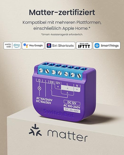 SwitchBot WiFi Switch 1 (Pack of 2) Compatible with Alexa/Apple Home/Google Home, Power Measuring Relay Switch Module with Built-in Bluetooth Repeater and Dry Contact, Wi-Fi 2.4 GHz, 16A