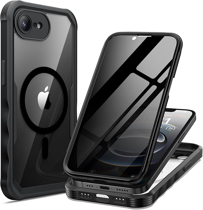 seacosmo for iPhone 16e Case, Full Body Bumper with Built-in 9H Tempered Glass Privacy Screen Protector and Camera Lens Protection, Compatible with MagSafe, Shockproof 16 e Phone Case, 6.1", Black