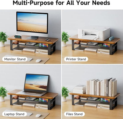 NestNeat Monitor Stand Riser, 24 Inch Computer Monitor Stand for Desk, 2-Tier Wood Desk Shelf Organizer with Storage, Desktop Stand for Laptop/Screen/PC/Printer, Ergonomic Home Office Monitor Stand