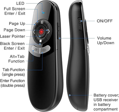 DINOSTRIKE 2 in 1 Type C and USB Presentation Clicker for Powerpoint Presentations,RF 2.4GHz Wireless Presenter Remote Slide Advancer with Volume Control for Mac Laptop Computer Office Classroom