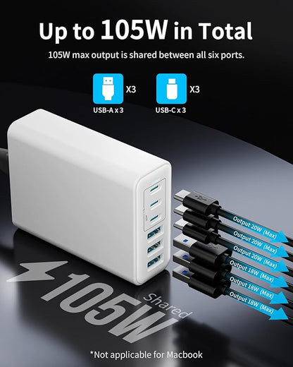 USB C Fast Charger, 105W GaN 6-Port Desktop USB Charging Station Hub, USB C Charger Block Wall Charger for iPhone 17/16/15/14/13/12/11, iPad, Samsung and More (Cable Organizer Included)