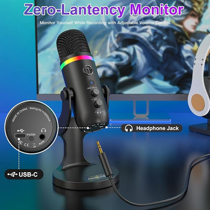 ZealSound USB Microphone for iPhone,Noise Cancellation Condenser mic with Touch Mute,Gain,Echo,Monitoring,RGB for iPad,PC,Podcast,Streaming,Twitch,YouTube,Discord,Computer,PS4,PS5,Mac,GamerWave K66
