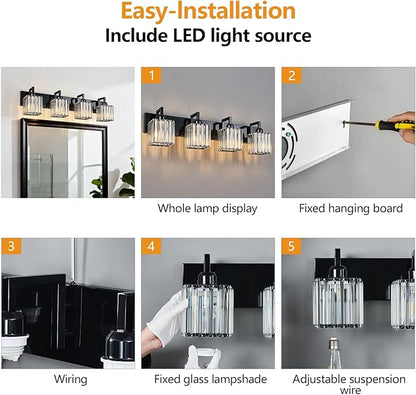 FDPBY Modern Bathroom Vanity Light 4-Lights Plating Black Vanity Light Crystal Wall Light Bathroom Light Fixtures