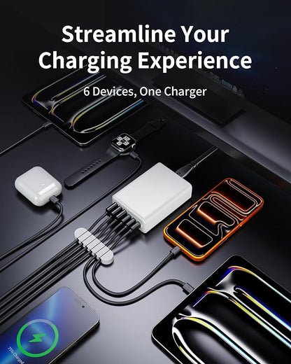 USB C Fast Charger, 105W GaN 6-Port Desktop USB Charging Station Hub, USB C Charger Block Wall Charger for iPhone 17/16/15/14/13/12/11, iPad, Samsung and More (Cable Organizer Included)