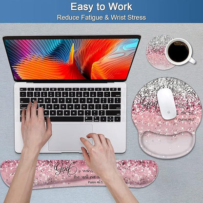 Keyboard Wrist Rest and Mouse Pad Wrist Support Set with Coasters, Non-Slip PU Base Ergonomic Gaming Mousepad for Home Office Working Studying Easy Typing & Pain Relief, Quote Bible Verses Psalm 46:5