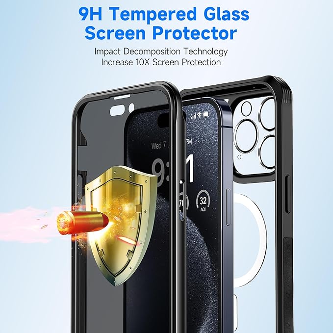 seacosmo for iPhone 15 Pro Max Case, Full Body Bumper with Built-in 9H Tempered Glass Privacy Screen and Camera Lens Protector, Compatible with MagSafe, Shockproof 15 Pro Max Phone Case, 6.7", Black