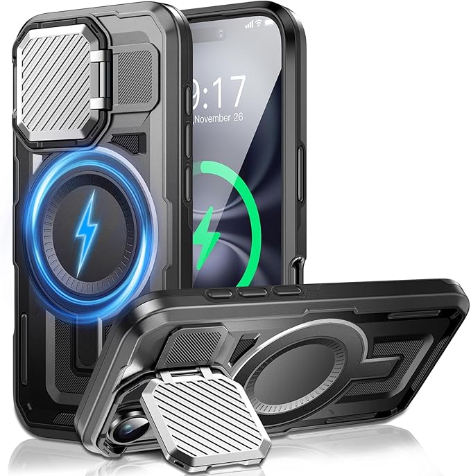 Camera Stand Case for iPhone 16, [Compatible with MagSafe] [Lens Cover] 2024 Version Military Grade Protective Soft Case for iPhone 16 6.1 inch Men Women, Black