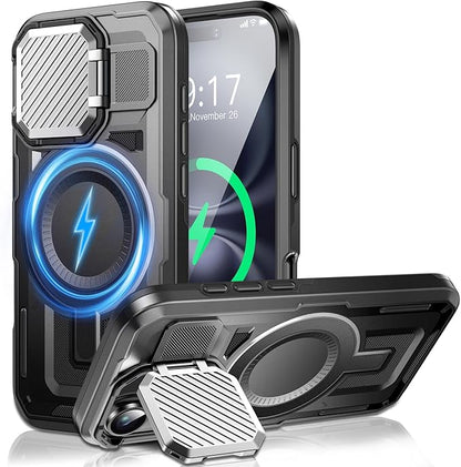 Camera Stand Case for iPhone 16, [Compatible with MagSafe] [Lens Cover] 2024 Version Military Grade Protective Soft Case for iPhone 16 6.1 inch Men Women, Black
