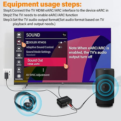 Wilxisum HDMI Earc/Arc Audio Extractor/Adapter, HDMI Earc/Arc to RCA R/L, Optical, 3.5mm Audio Converter