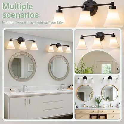 LOUSACE 3 Light Bathroom Vanity Light Matte Black Bathroom Lighting Fixtures Over Mirror with Opal White Frosted Glass, Vintage Traditional Wall Lighting Fixture Vanity Sconces Light for Bedroom