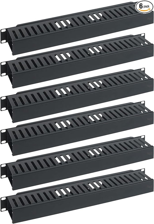 ICC 1U Finger Duct Cable Manager Panel with Cover, Plastic with Metal Back Frame, 3" Depth, Horizontal Cable Management, Rackmount for 19” Network Racks, Black, 6-Pack