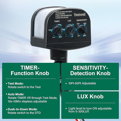 TREEWELL 2 Pack 240-Degree Replacement Motion Sensor, Adjustable LUX(5-300) & Time & Detection Sensitivity Up to 60 Feet Range, 3 Working Modes Outdoor Motion Detector for Security Floodlight, Black