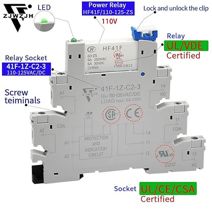 Electromechanical Relay Miniature Power Relay 110V/ 120V AC/DC HF41F/60-ZS 1NO 1NC 6A SPDT with LED Indicator, Socket Base, DIN Rail Slotted 3Pcs UL Certification