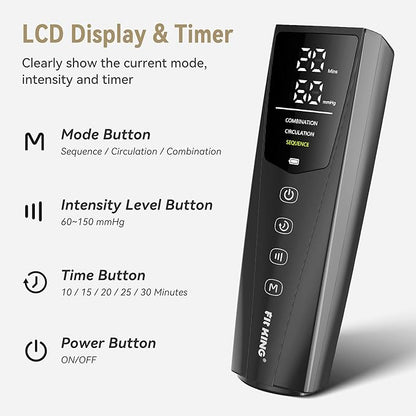 FIT KING Rechargeable Leg and Foot Massager - Cordless Air Compression Full Leg Boots Massager for Circulation and Recovery - Pressure Sensor & LCD Display - 3 Modes 10 Intensities 5 Timer Functions