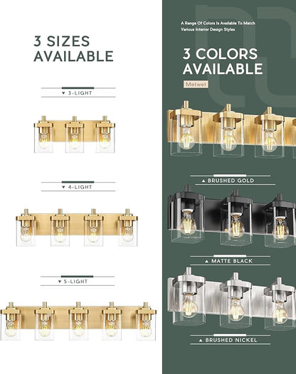 METWET Bathroom Light Fixtures, 25" Brushed Gold Vanity Light, 4-Light Modern Wall Sconces with Square Clear Glass Shade, Vanity Lighting Fixtures Over Mirror, VL194-BG-4