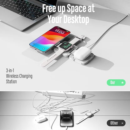 Fast Wireless Charger, Magnetic Foldable 3 in 1 Charging Station for iPhone 16/15/14/13/12/Pro/Plus/Pro Max, 5W Portable Charger for Apple Watch9/8/7/6/5/4/SE, for Airpods