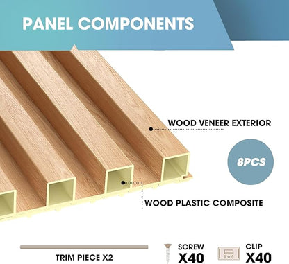OUZUGIE WPC Acoustic Slat Wall Paneling, 8-Pack 114 x 6 Inches 3D Wall Panels for Interior Wall Decor,Living Room,TV Background,Study Room,Office Spaces,Bedroom,High Grille (Oak)