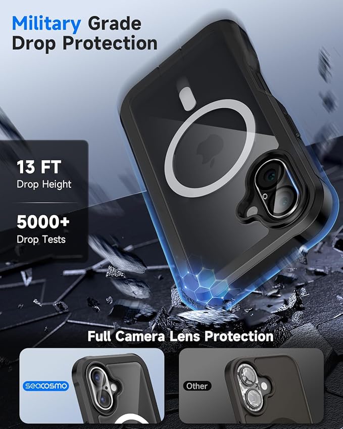 seacosmo for iPhone 16 Case, Full Body Bumper with Built-in 9H Tempered Glass Privacy Screen Protector and Camera Lens Protector, Compatible with MagSafe, Shockproof Phone Cover, 6.1", Black