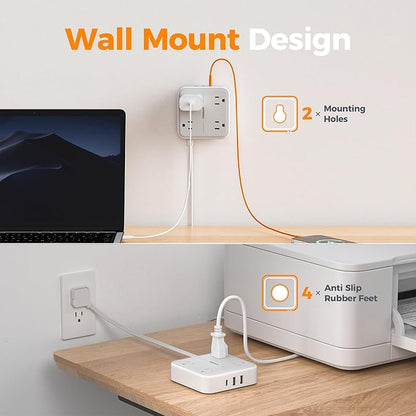 TESSAN Short Extension Cord, 1 Ft Ring Pull Surge Protector Power Strip with Multiple Outlets, 3 USB (1 USB C) 4 Outlets, 900J Surge Protection, Desktop Charging Station for Home, Office, Dorm Room