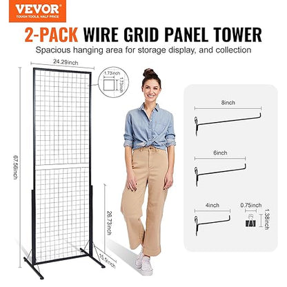VEVOR 2 x 5.6 in Grid Wall Panels, 2 Packs Wire Gridwall Display Racks Tower with T-Base, Floorstanding Double Side Gridwall Panels, Retail Display with Extra Clips and Hooks for Art Craft Shows