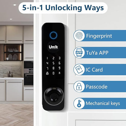 UMIK UMIKSMART Smart Door Lock, Keyless Entry Fingerprint Door Lock with Knob, Electronic Smart Door Knob with Digital Keypad, App Remote Control, WiFi Smart Deadbolt Lock for Front Door, Matte Black