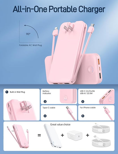 Nusyddy Portable Charger, 12000mAh 22.5W Fast Charging Power Bank with Built-in Cables & Wall Plug, Travel Essentials External Battery Pack, USB C Battery Phone Charger for iPhone, iPad, Samsung Pink