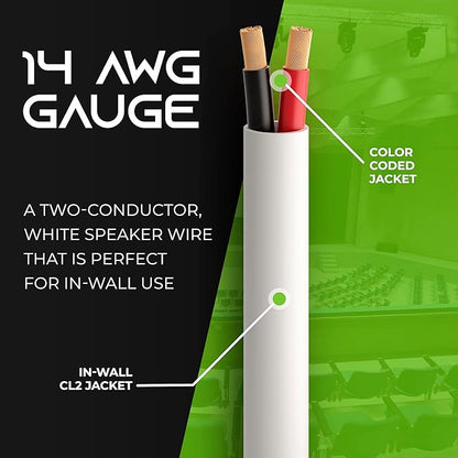 GearIT 14/2 Speaker Wire (500 Feet) 14AWG Gauge - in Wall Audio Speaker Wire Cable / CL2 Rated / 2 Conductors - OFC Oxygen-Free Copper, White 500ft