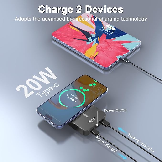Magnetic Portable Charger, 10000mAh Power Bank with PD 20w Fast Charging, USB C in&Out Battery Pack, Compatible with Mag-Safe for iPhone 16/15/14/13/12 Pro/Pro Max Series, Samsung, Android, and More