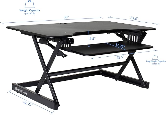 Rocelco 38" Large Height Adjustable Standing Desk Converter - Quick Sit Stand Up Dual Monitor Riser - Gas Spring Assist Tabletop Computer Workstation - Retractable Keyboard Tray - Black (R DADRB-38)