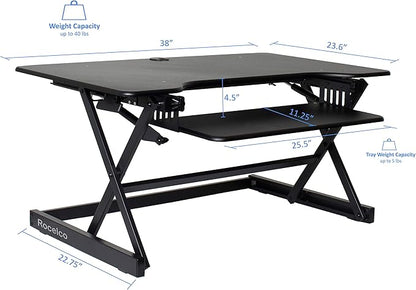 Rocelco 38" Large Height Adjustable Standing Desk Converter - Quick Sit Stand Up Dual Monitor Riser - Gas Spring Assist Tabletop Computer Workstation - Retractable Keyboard Tray - Black (R DADRB-38)
