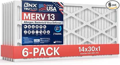 BNX TruFilter 14x30x1 Air Filter MERV 13 (6-Pack) - MADE IN USA - Electrostatic Pleated Air Conditioner HVAC AC Furnace Filters for Allergies, Pollen, Mold, Bacteria, Smoke, Allergen, MPR 1900 FPR 10