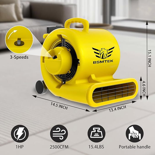 BSMTEK 2500-5000 CFM 1HP Air Mover Blower Fan, Floor Blower Dryer, 3 Speeds, 4 Adjustable Angles, Handle Wheelkit, 15Ft Long Cord Portable, Stackable - 2026 Upgraded