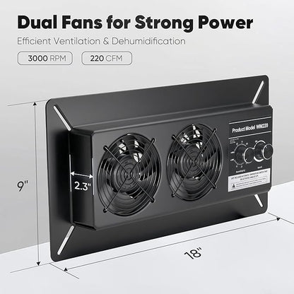 WARMOASIS 220 CFM Crawl Space Vent Fan with Dehumidistat & Thermostat, Dual Knobs for Speed & Humidity Control, 3000 RPM, Reduces Indoor Radon, Humidity & Odors, High-Efficiency Ventilation