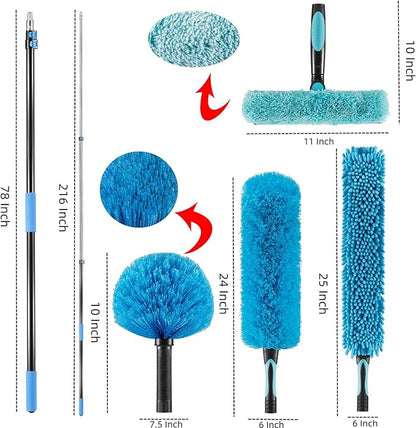 Hicavar 25 Foot High Ceiling Fan Duster with 6-18 Foot Extension Pole, Extendable Reusable Cobweb, Feather, Window Cleaning Squeegee Kit