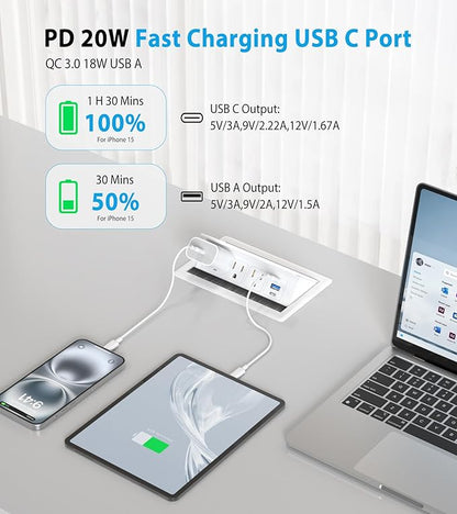 Recessed Conference Table Power Hub with 20W USB-C PD Fast Charging, Flush Mounted for Desks, Kitchens & RVs, 6FT Power Cord (White)